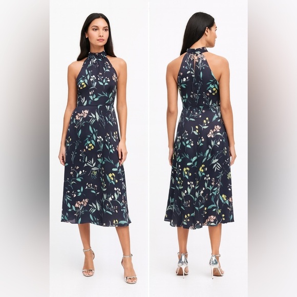Banana Republic Dress Halter Floral Satin Midi Navy Blue High Neck Ruffle 0P - Picture 2 of 13